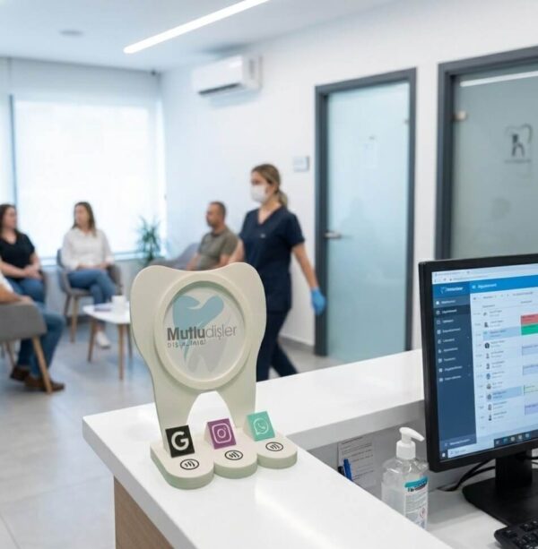 Diş Klinikleri İçin 3'ü 1 Arada NFC Sosyal Medya Standı - Google Yorum, Instagram ve WhatsApp (Diş Formunda)