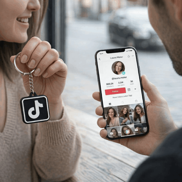 Bir kişinin TikTok profili açık telefonu tuttuğu, diğer kişinin TikTok logolu NFC anahtarlık gösterdiği sosyal medya etkileşim sahnesi.